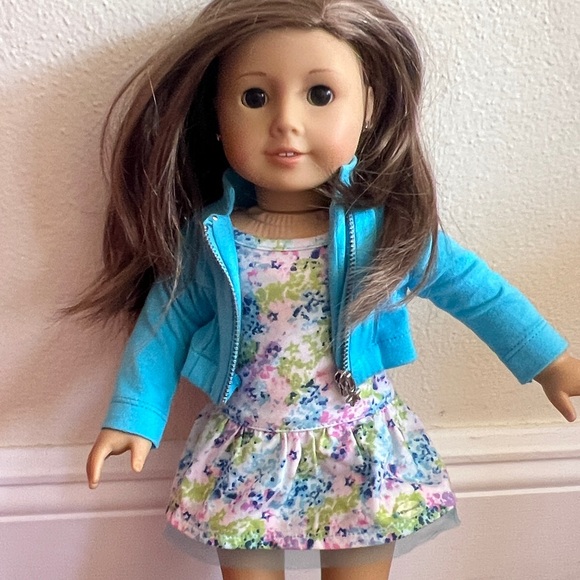 American Girl Doll Blue Jacket Floral Dress Earrings Truly in Box - Picture 8 of 12